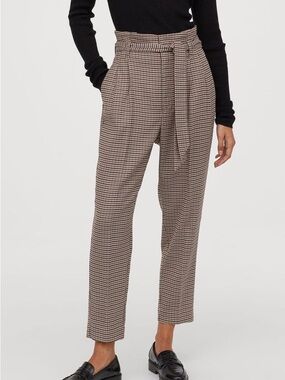 Abercrombie & Fitch Houndstooth Paperbag Waist Ankle Pants in Brown and Cream